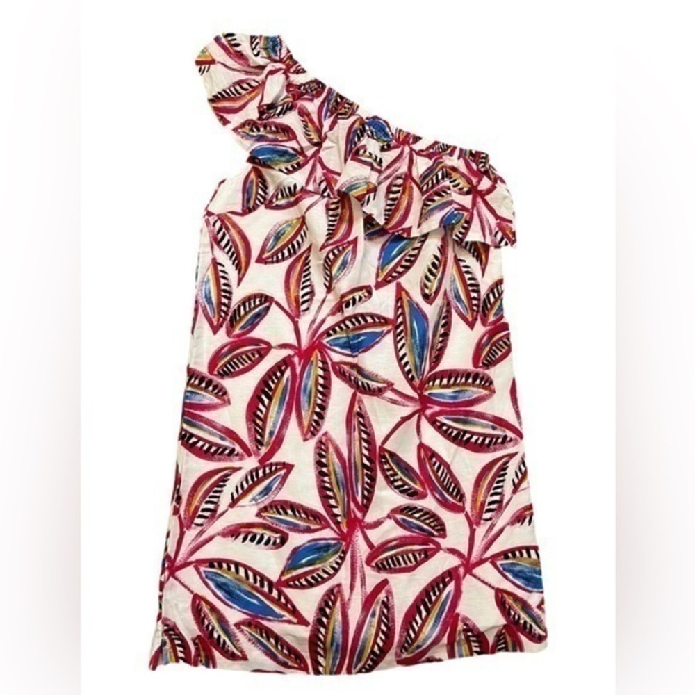 J. Crew Factory One-Shoulder Mini Dress in White with Pink & Blue Leaf Print